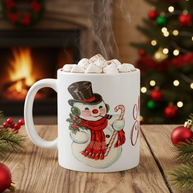Taza De Café Vintage Retro Snowman Feliz Navidad (Vintage Retro Snowman Merry Christmas Coffee Mug)