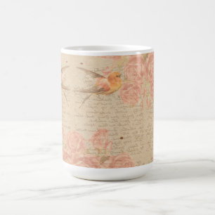 Taza De Café Vintage Shabby Chic Script & Bird Floral