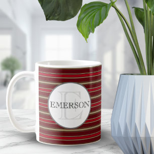 Taza De Café Vintage Stripes Burgundy Red Tan White Personaliza