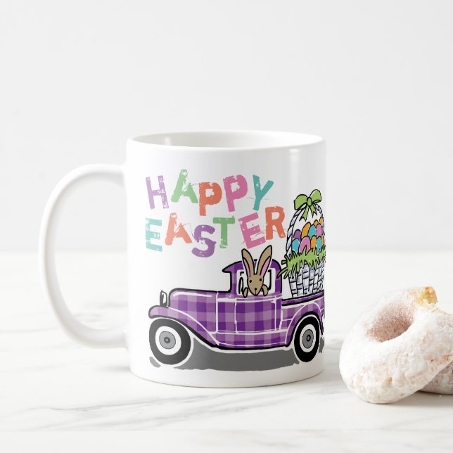 Taza De Café Vintage Truck Purple Gingham Happy Easter Bunny (Con donut)