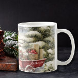 Taza De Café Vintage Watercolor Forest Christmas Trees Personal<br><div class="desc">Vintage acuarela árboles de Navidad. Personalizar con un nombre que aparecerá en la flecha roja. Regalo para Navidades o temporada de invierno.</div>