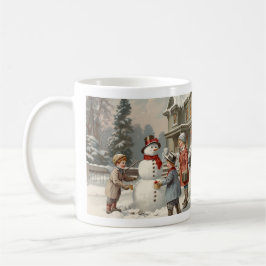 Taza De Café Vintage Winter Scene: Niños construyendo un muñeco
