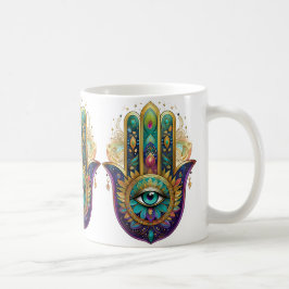 Taza De Café Violet Green Gold Petals Hamsa Turquoise Third Eye