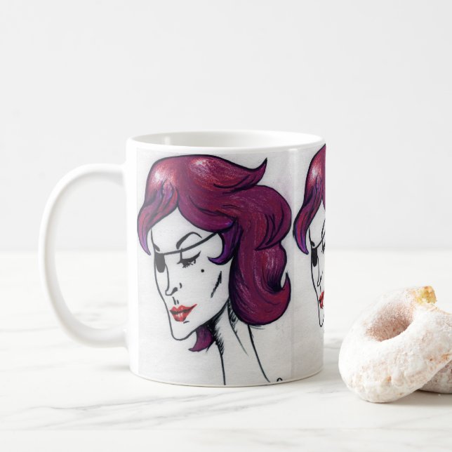 Taza De Café Violeta Pirata Lady Púrpura Mujer Dibujando Arte (Con donut)