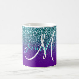 Taza De Café Violeta Púrpura y Glitter Ombré de Turquesa Monogr