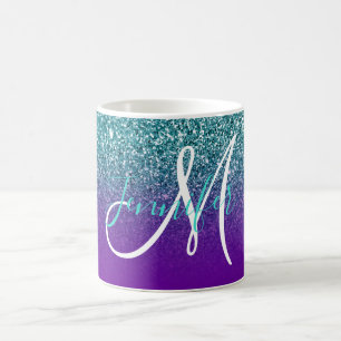 Taza De Café Violeta Púrpura y Glitter Ombré de Turquesa Monogr