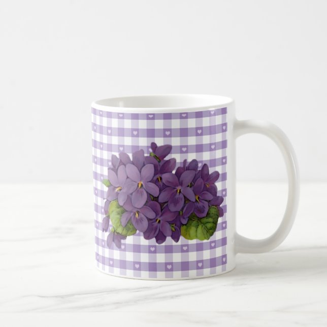 Taza De Café Violetas de época en Gingham con corazón (Derecha)