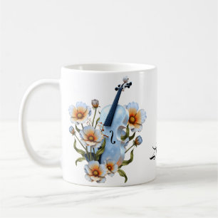 Taza De Café Violín blanco con flores - Música elegante y natur