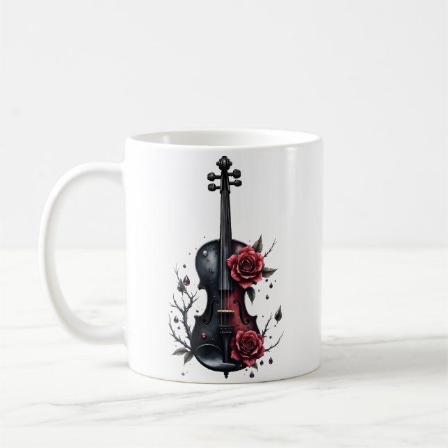 Taza De Café Violín negro gótico con rosas rojas (Izquierda)