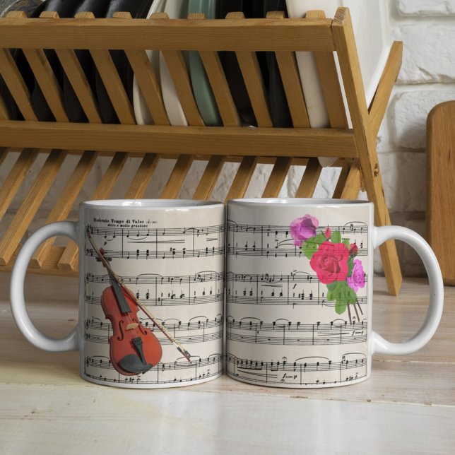 Taza De Café Violin y Rosas Diseño musical de hojas de cosecha (Subido por el creador)