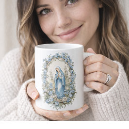 Taza De Café Virgen Católica María Oración Blues Floral