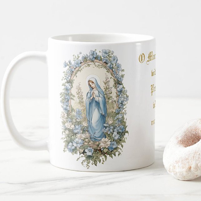 Taza De Café Virgen Católica María Oración Blues Floral (ENJOY YOUR MORNING COFFEE WITH THE BLESSED MOTHER! )