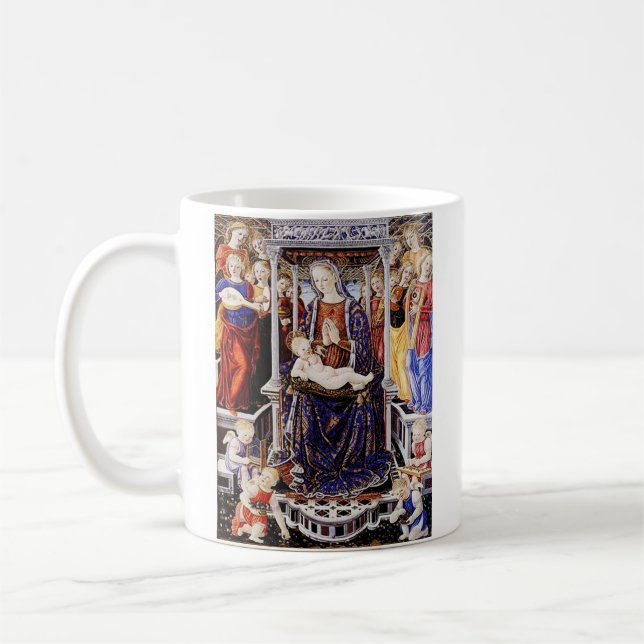Taza De Café Virgen y niño al frente con ángel de la producción (Izquierda)
