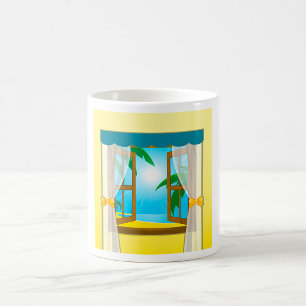 Taza De Café Vista de playa soleada a través de una ventana abi