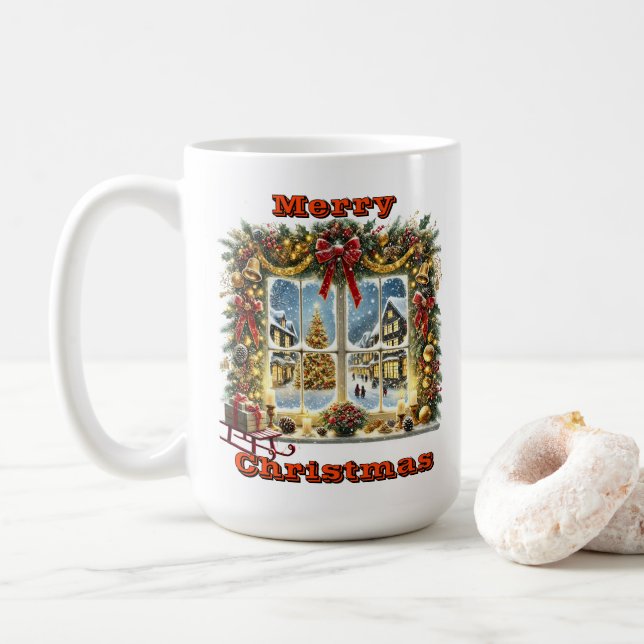 Taza De Café Vista de ventana festiva con nieve