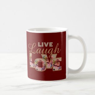 Taza De Café Vive, Ríe, Ama Floral Rústico en Burdeos