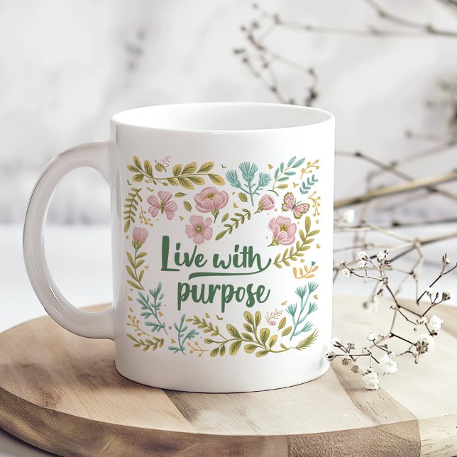 Taza De Café "Vivir con propósito" Boho Neutral Wildflowers ("Live with Purpose" Boho Neutral Wildflowers Coffee Mug on a boho kitchen table with dry flowers)
