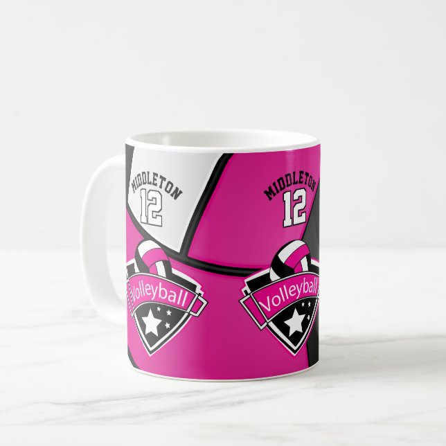 Taza De Café Voleibol rosa caliente, blanco y negro (Anverso izquierdo)