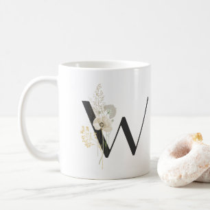 Taza De Café W inicial con flor de color suave Café Mug