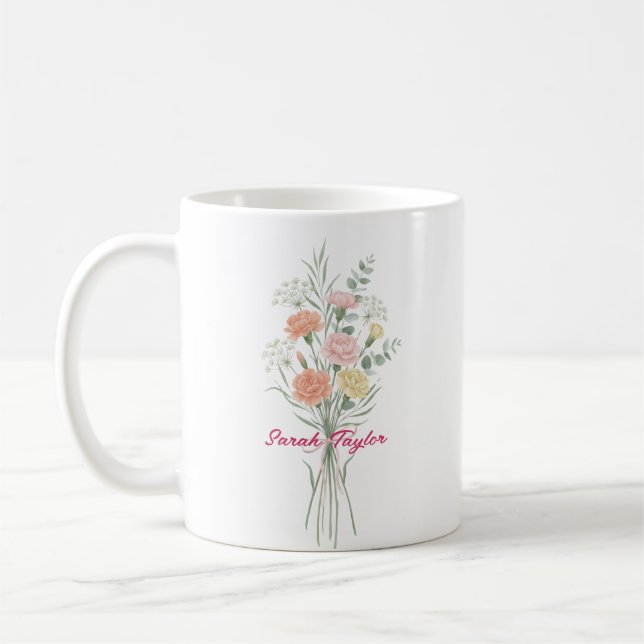 Taza De Café Watercolor Birth Flower Carnation Personalized Mug (Izquierda)
