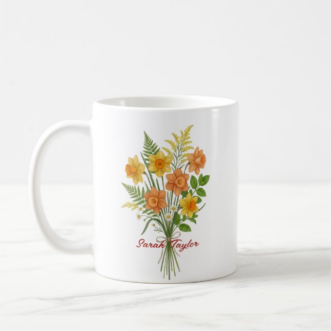 Taza De Café Watercolor Birth Flower Daffodil Personalized Mug (Izquierda)