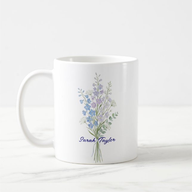 Taza De Café Watercolor Birth Flower Larkspur Custom (Izquierda)