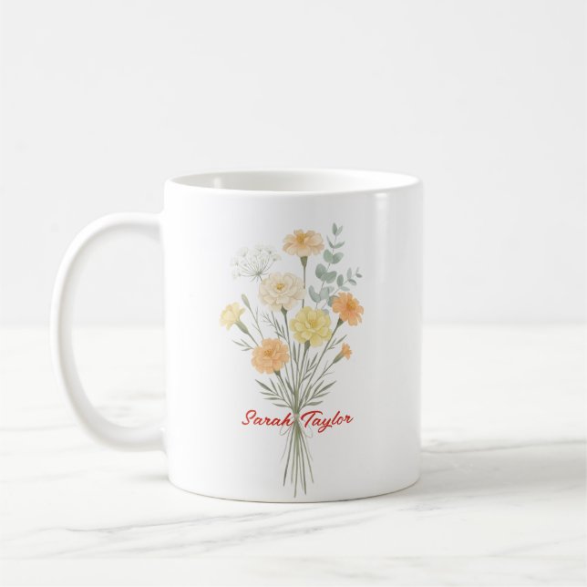 Taza De Café Watercolor Birth Flower Marigold Custom (Izquierda)