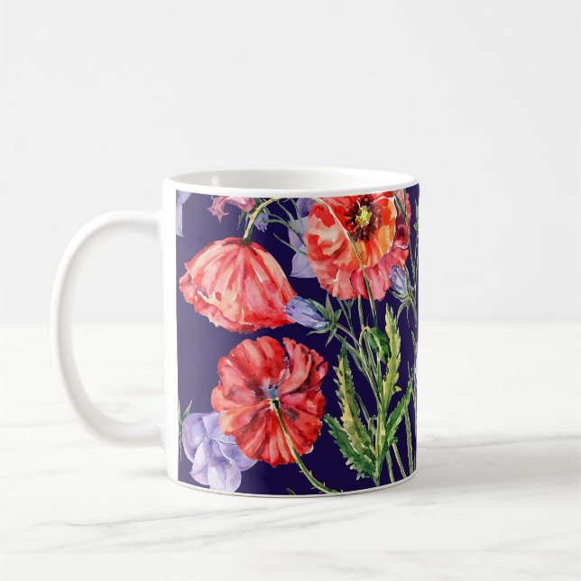 Taza De Café Watercolor Bluebell Poppy Array (Izquierda)