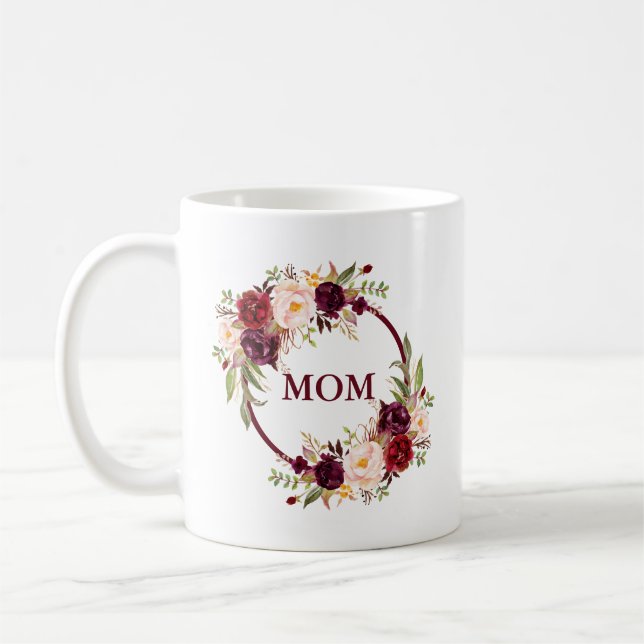 Taza De Café Watercolor Burgundy Floral Mom (Izquierda)