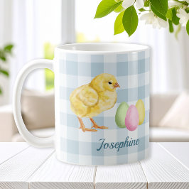 Taza De Café Watercolor Chick And Eggs On Blue With Name