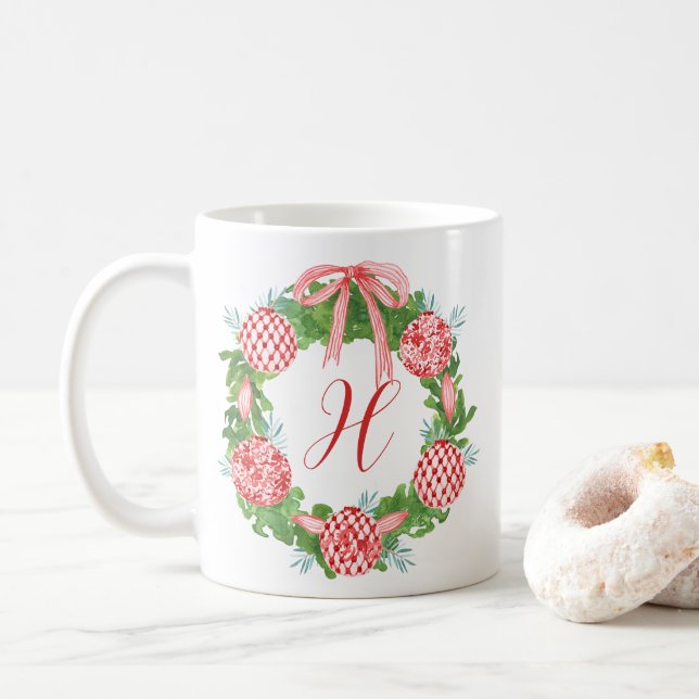 Taza De Café Watercolor Chinoiserie Navidades Wreath Monograma (Con donut)