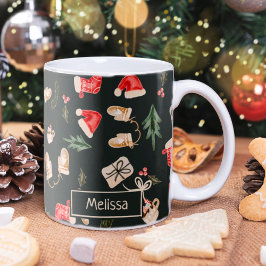 Taza De Café Watercolor Christmas illustration pattern green