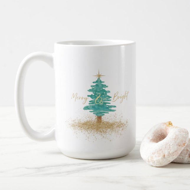 Taza De Café Watercolor Christmas Tree "Merry & Bright" Holiday (Con donut)