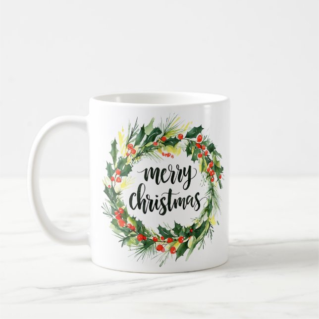 Taza De Café Watercolor Christmas Wreath Mug – Merry Christmas  (Izquierda)