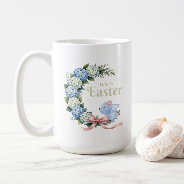 Taza De Café Watercolor Easter Hydrangea Wreath Cute Bunny (Con donut)