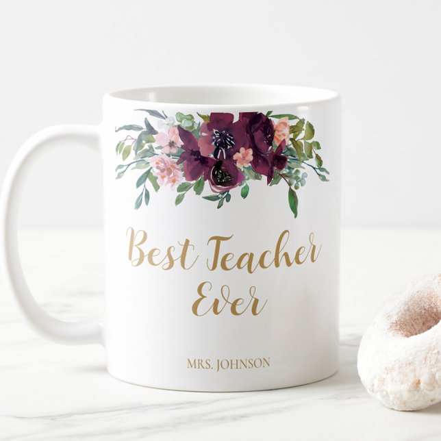 Taza De Café Watercolor Floral Mejor Profesor de la Historia (Best Teacher Ever Floral Coffee Mug. A beautiful way to say thank you!)