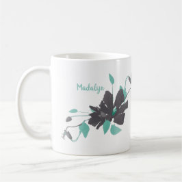 Taza De Café Watercolor Floral Trendy Verde azulado Nombre Gris