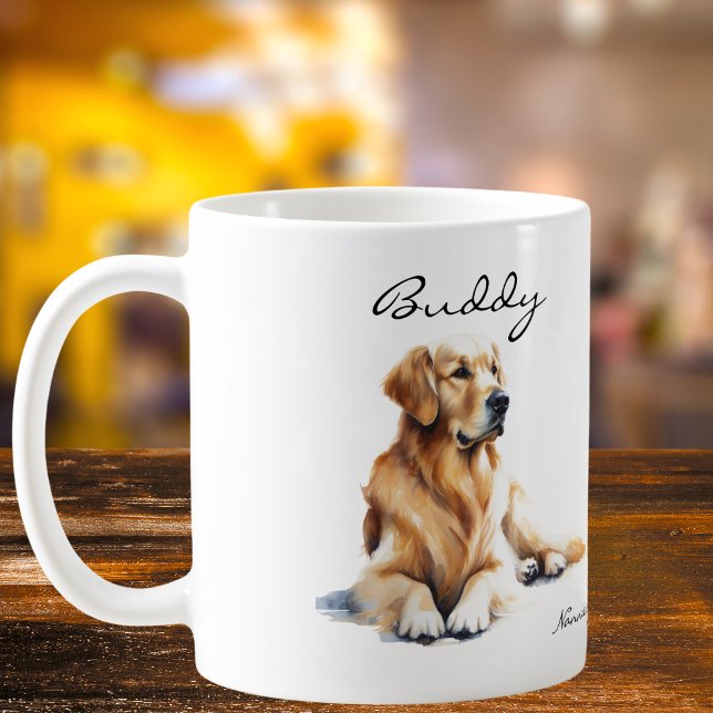 Taza De Café Watercolor  Golden Retriever  Personalize (A close look at the design.)