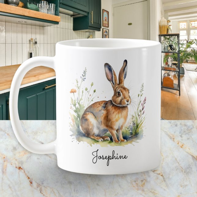 Taza De Café Watercolor Hare Country Wildlife Personalized (A personalized coffee mug, featuring a picture of a hare with meadow flowers in a watercolor style)