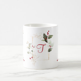 Taza De Café Watercolor Holly Berry Gold Purpurina vacaciones