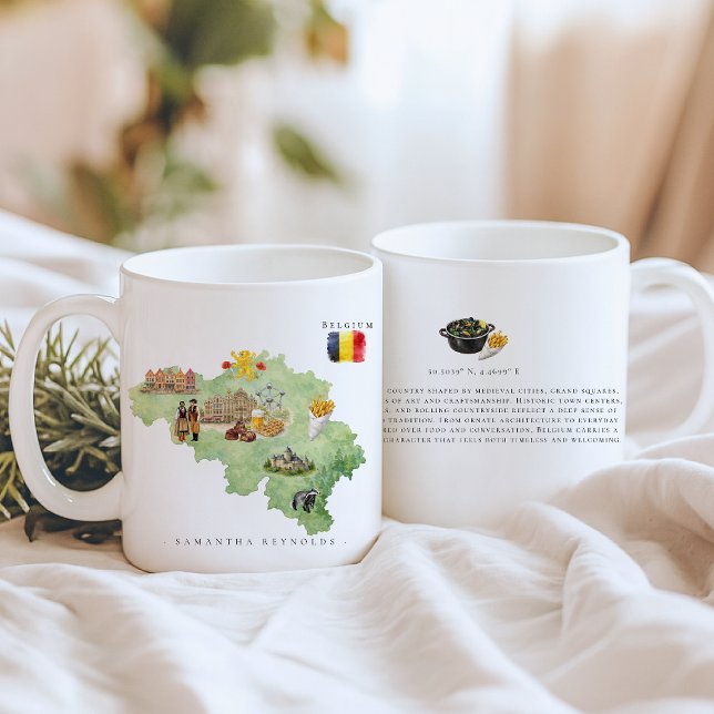 Taza De Café Watercolor Illustrated Map Belgium | Monogram (Subido por el creador)