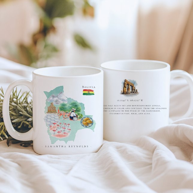 Taza De Café Watercolor Illustrated Map Bolivia | Monogram (Subido por el creador)