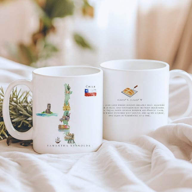 Taza De Café Watercolor Illustrated Map Chile | Monogram (Subido por el creador)