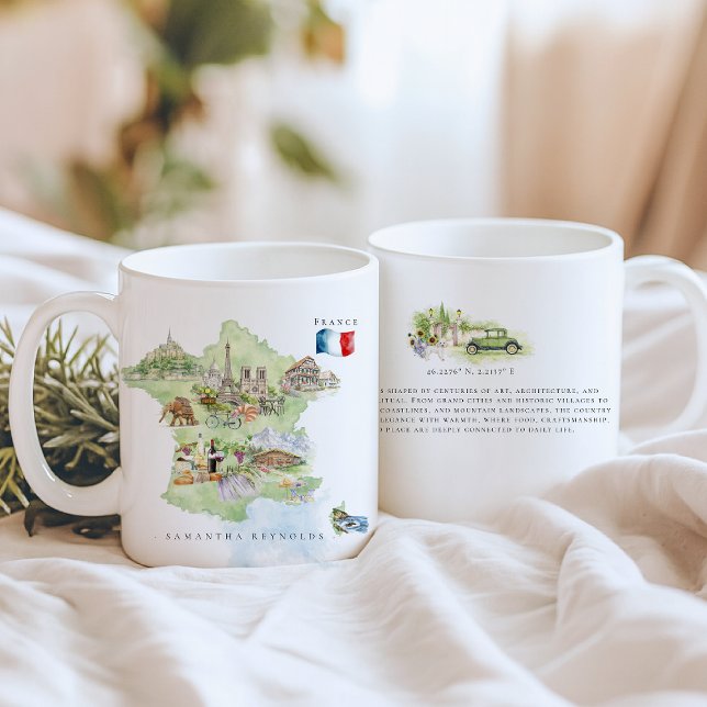 Taza De Café Watercolor Illustrated Map France | Monogram (Subido por el creador)