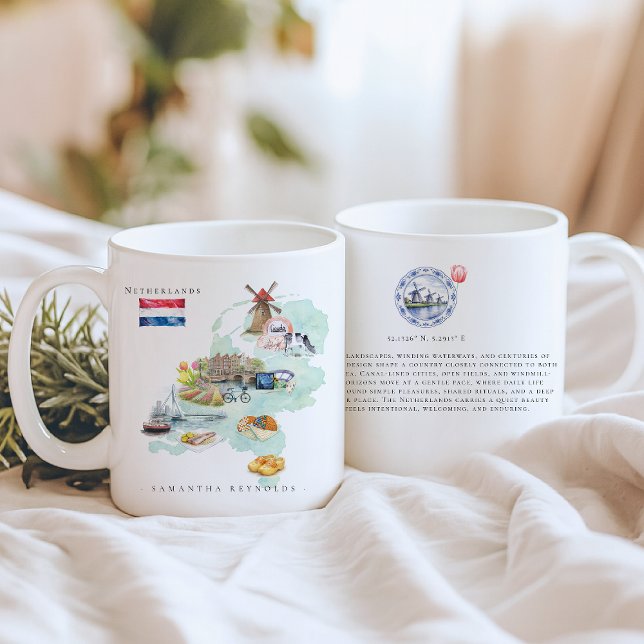 Taza De Café Watercolor Illustrated Map Netherlands | Monogram (Subido por el creador)
