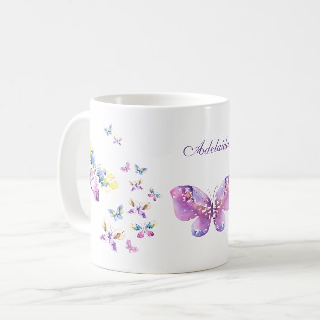 Taza De Café Watercolor mariposas arte con Su nombre (Anverso izquierdo)