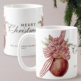 Taza De Café Watercolor Merry Christmas Ornamped Striped Bow