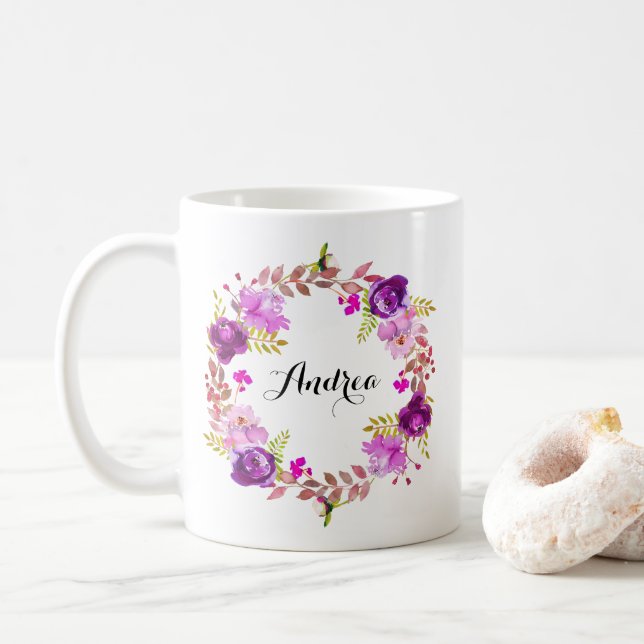 Taza De Café Watercolor Purple Floral Wreath Bridesmaid (Con donut)