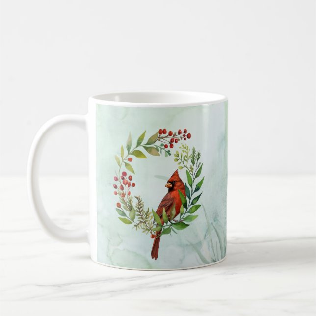 Taza De Café Watercolor Red Cardinal Bird Wreath Christmas (Izquierda)