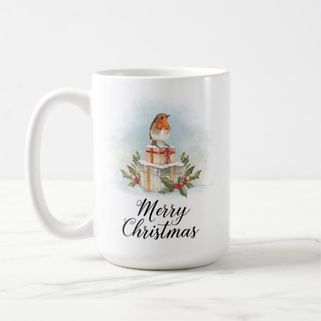 Taza De Café Watercolor Robin Gifts Holly Merry Christmas (Izquierda)